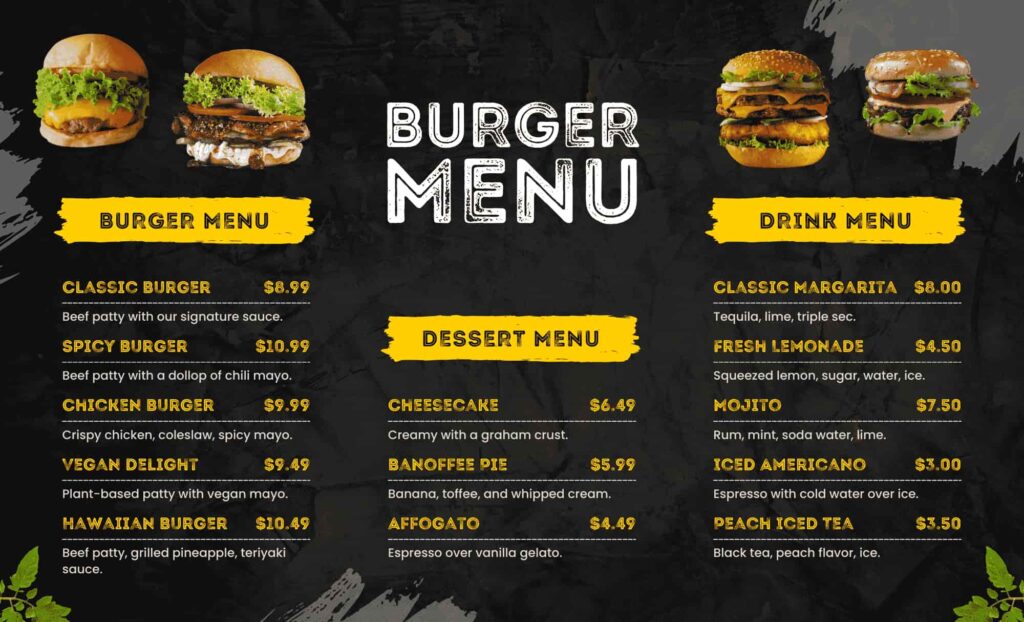 Wetherspoon Burgers Menu